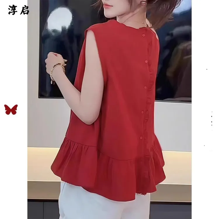 淳启韩系别致小衫设计感裙摆无袖衬衫女夏季新款法式露肩背心上衣