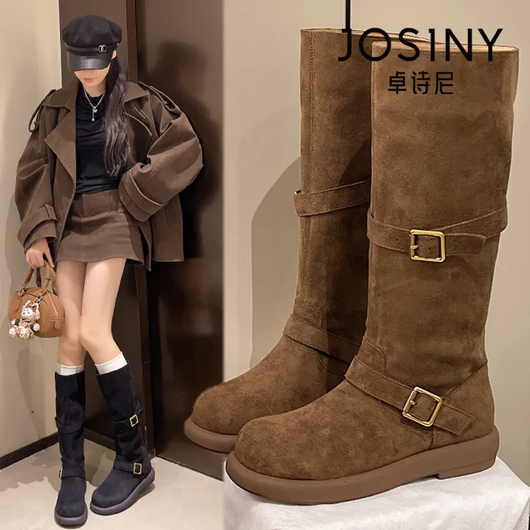 卓诗尼长筒靴女冬季新款加绒不过膝高筒弹力靴厚底显瘦骑士靴绒面商品图