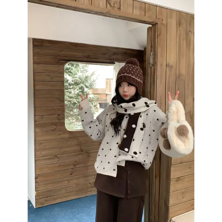 米米子“黑糖波波”波点甜美开衫毛衣外套秋冬针织百搭韩系围巾上衣