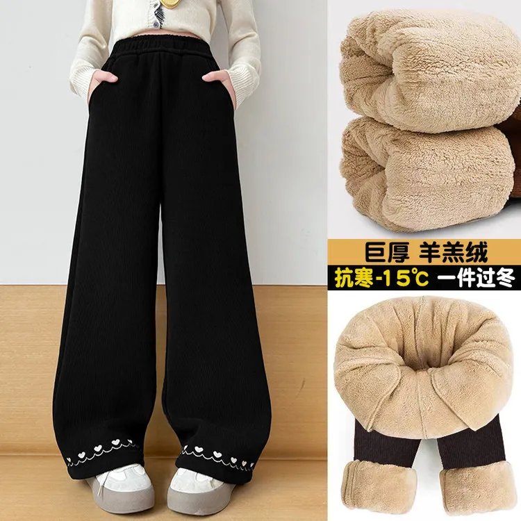 女中大童加绒直筒裤2025冬季新款休闲裤加厚保暖羊羔绒窄版阔腿裤