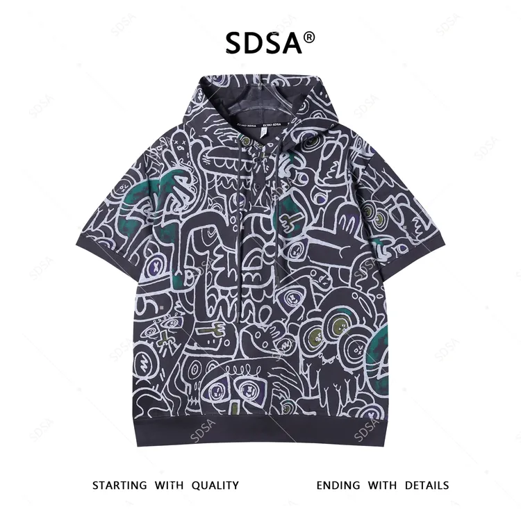 SDSA夏季新款男士痞帅撞色印花涂鸦半纽扣连帽短袖T恤百搭时尚