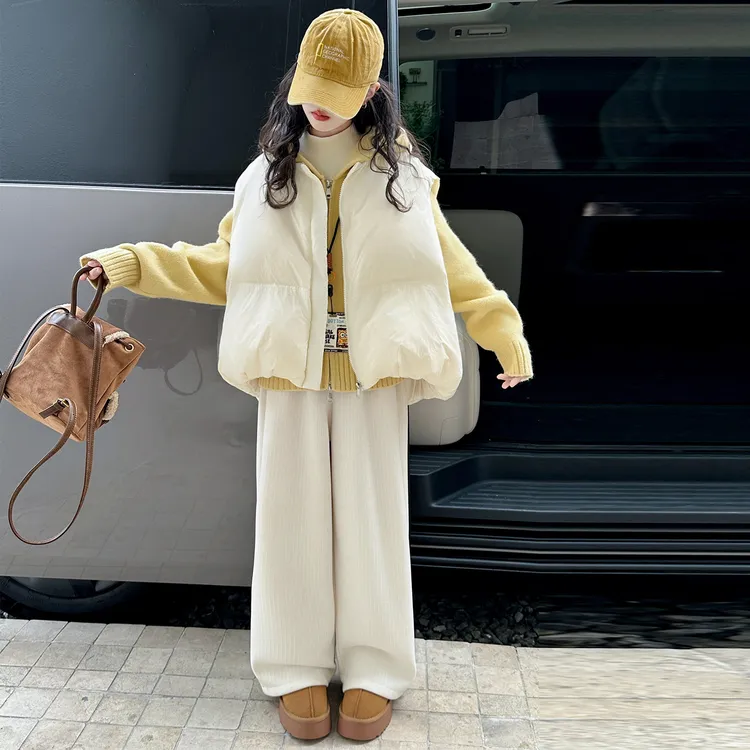 女童新款韩版甜美马甲连帽毛衣加绒阔腿裤儿童叠穿潮