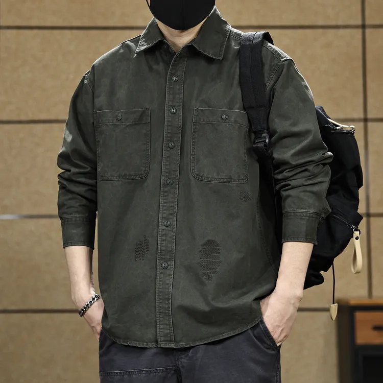 美式复古工装衬衫男装秋季潮牌痞帅高级感衣服重磅宽松衬衣外套男