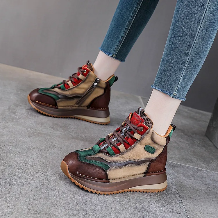 秋冬新款头层牛皮高帮鞋女老爹鞋真皮加绒马丁靴短筒休闲运动女鞋