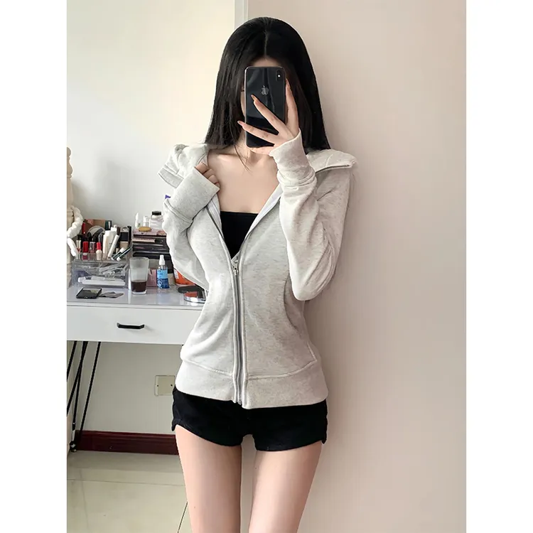 灰色修身显瘦连帽卫衣秋季外套女爆款2025新款高级感运动上衣即墨
