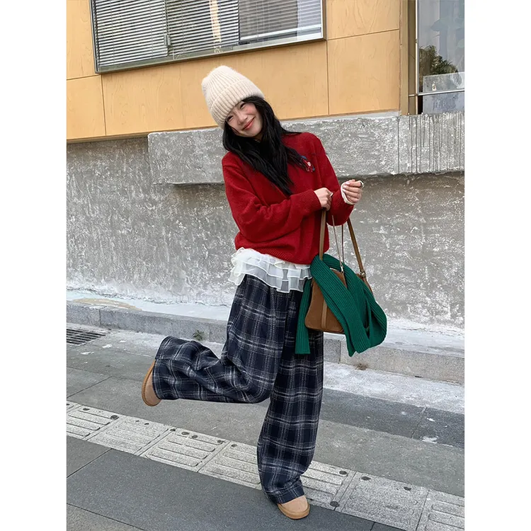 可爱立体小马亲肤质感套头保暖毛衣女冬季格纹休闲长裤套装26572