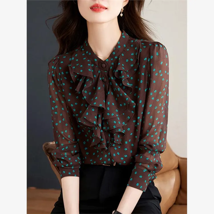 荷叶边波点长袖雪纺衬衫女秋季新款法式别致漂亮小衫气质上衣