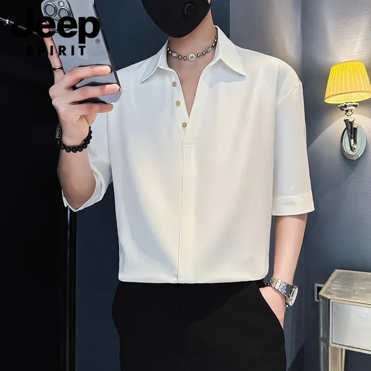 JEEPSPIRITv领短袖t恤男士夏季潮流polo衫纽扣高级衬衫五分袖上衣