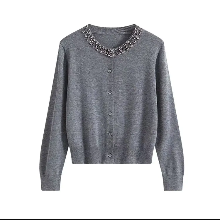 针织桑蚕丝上衣开衫女格雷系灰色针织重工镶钻