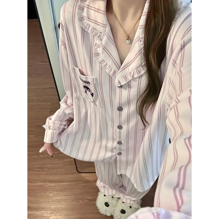 【DMXJ大梦想家】韩系慵懒风撞色条纹睡衣女春秋新款显瘦家居服套装