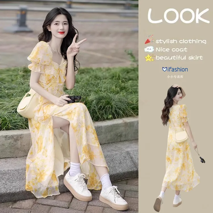 黄色碎花连衣裙超好看独特漂亮雪纺裙子女夏季高级感开叉法式长裙