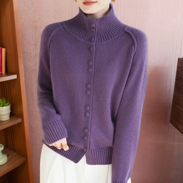 100%纯羊毛羊毛衫秋冬装高领纯色针织开衫女短款宽松长袖毛衣外套