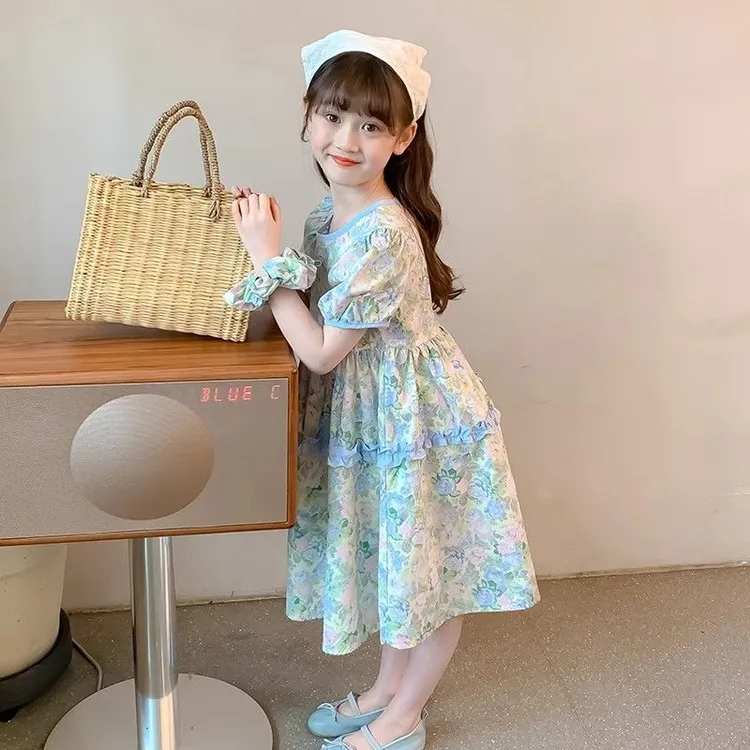 夏季童装泡泡袖新款洋气儿童裙子小女孩泡泡公主女童夏装连衣裙