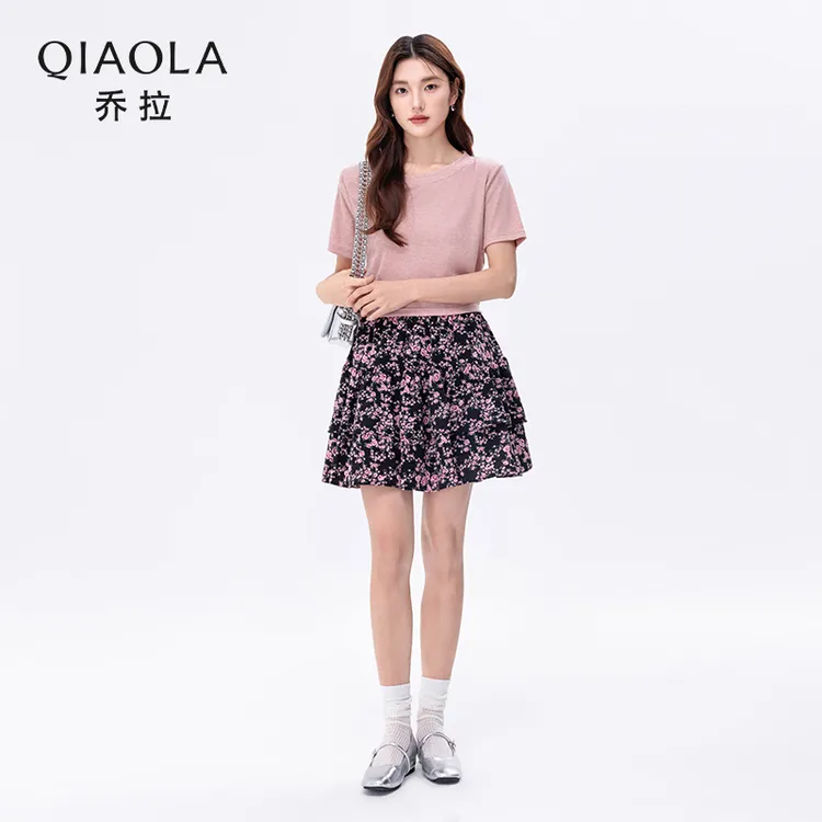 QIAOLA/乔拉【少女专辑】夏款小众设计针织圆领T碎花时尚套装预售
