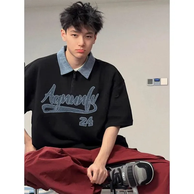 labzaa美式个性字母印花牛仔翻领短袖男女夏季宽松纯棉Polo衫上衣