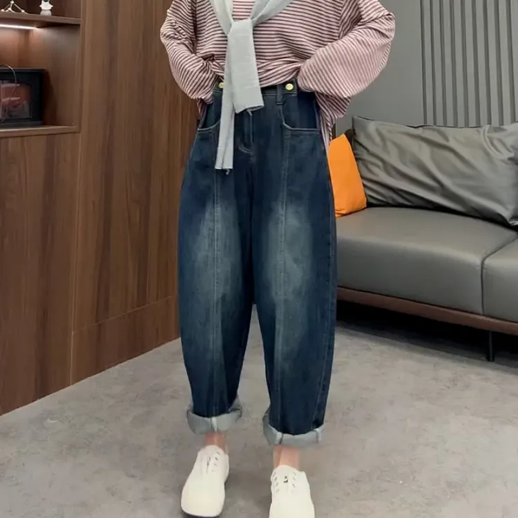 蓝色老爹牛仔裤女秋季2025新款大码高腰显瘦宽松弹力萝卜哈伦裤子