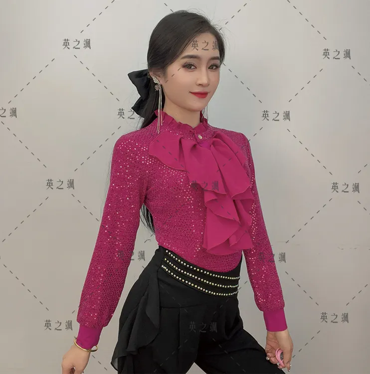 虎哥舞服【英之飒】花边亮片长袖连体显瘦长袖舞服跳舞气质时尚2213