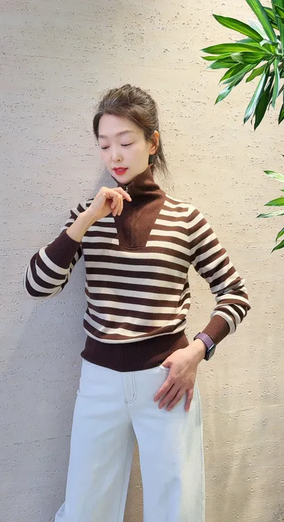 半拉链立领针织衫打底衫上衣百搭长袖套头63159