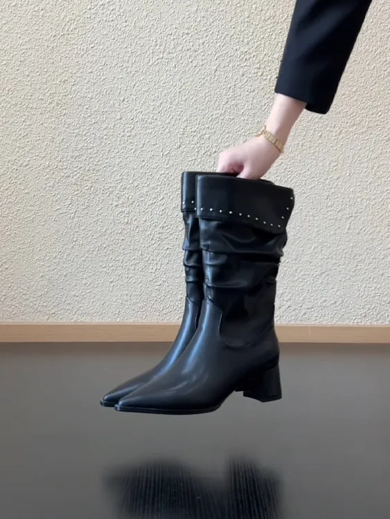 Pokoy-5cm小众设计感铆钉褶皱堆堆靴气质尖头粗跟一脚蹬西部靴