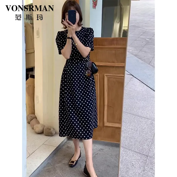 大码雪纺波点连衣裙女2025春夏新款法式复古高级感收腰赫本小黑裙