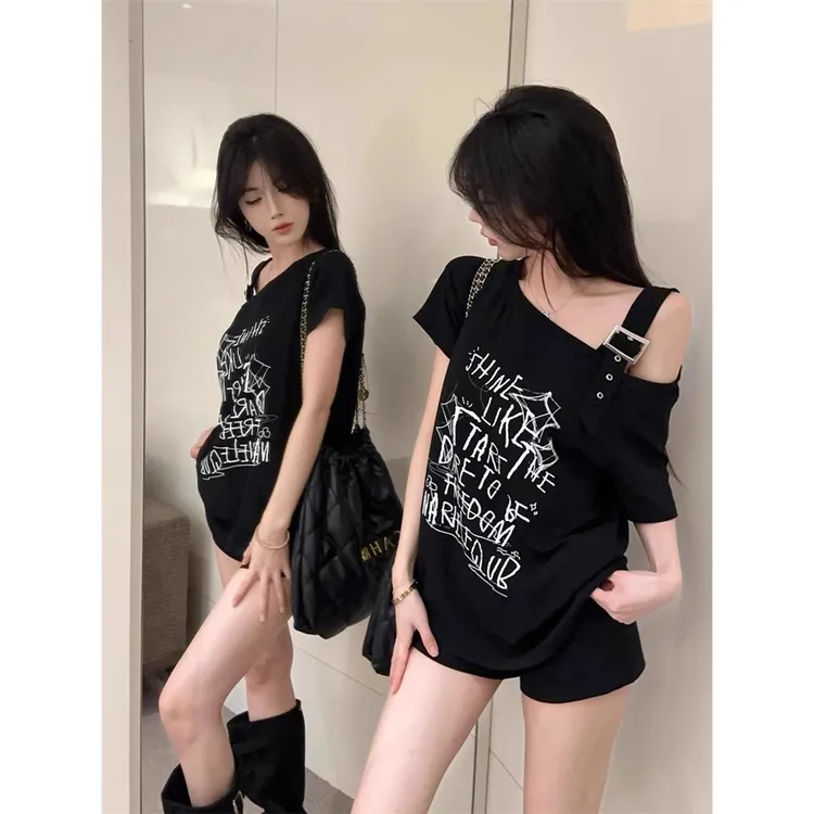 美式港风辣妹斜肩短袖t恤女夏季设计感小众露肩甜酷宽松显瘦上衣
