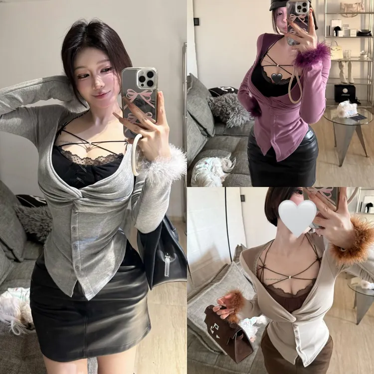 纯欲V领扭结挂脖吊带背心女冬修身显瘦长袖打底衫磨毛上衣两件套