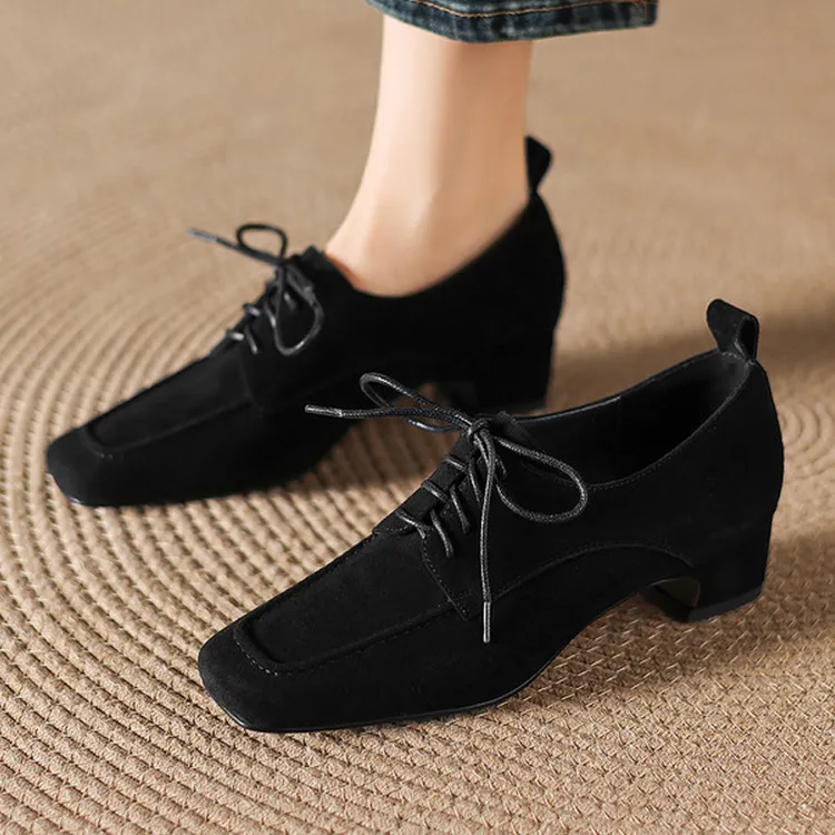 真皮阔腿裤必备鞋系带淑女鞋子百搭中跟粗跟英伦风复古方头单鞋女