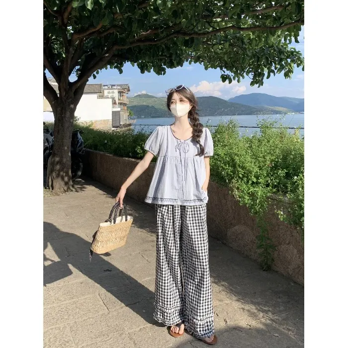 时尚套装法式花边系带短袖衬衫2025夏季新款休闲宽松阔腿裤两件套