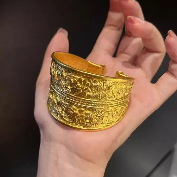 铜合金手镯 牡丹花手镯护腕开口卷草纹手镯气质锤纹宽版夸张手环