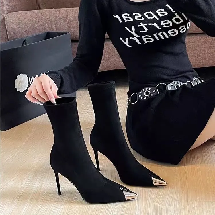 黑色尖头细跟高跟短靴女2025年秋冬新款弹力瘦瘦靴中筒袜靴单靴