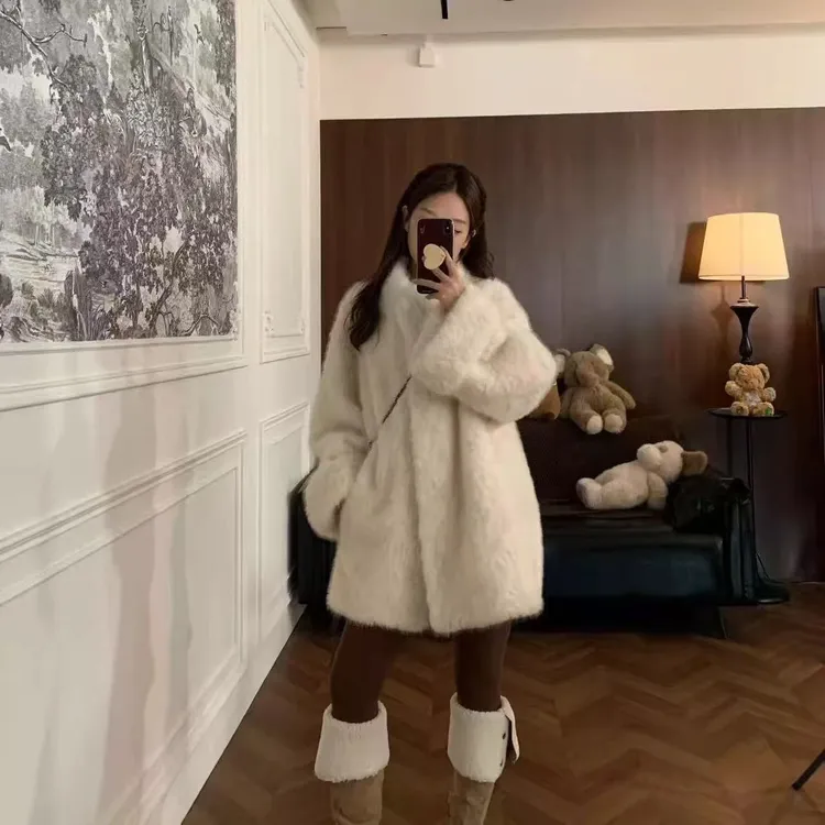 秋冬新款立领百搭仿湖羊毛毛外套