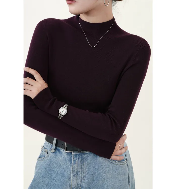 100%精纺羊毛衫60支半高领可机洗新澳纱线无缝一体女1016