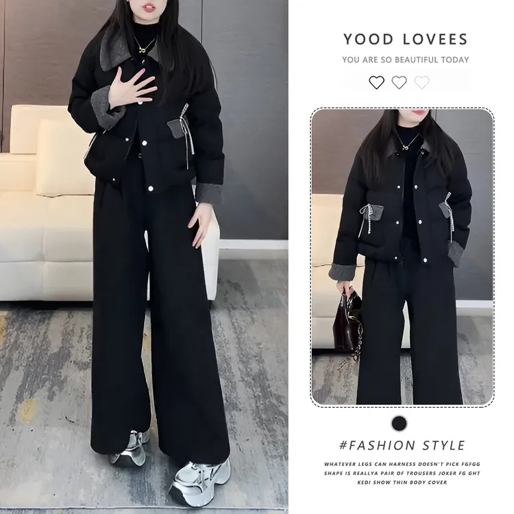 韩版流行爆款冬季套装女时尚百搭撞色拼接棉服短外套休闲长裤套装