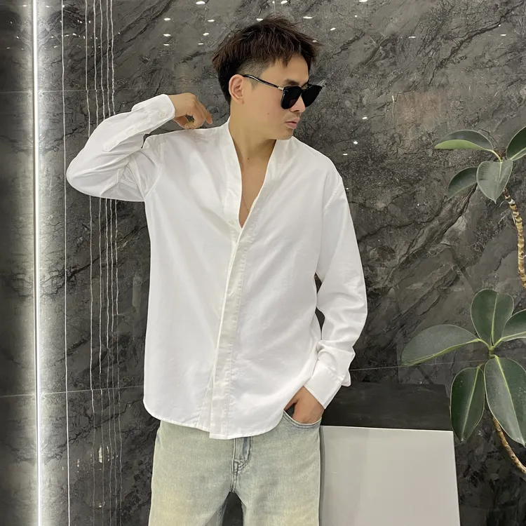 无领高级感V领垂感暗扣修身长袖衬衫休闲百搭轻奢雅痞黑衬衫男春