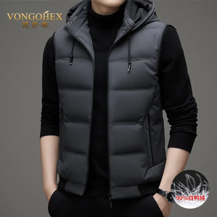 VONGOHEX休闲羽绒马甲男士冬季新款白鸭绒连帽保暖背心商务马夹