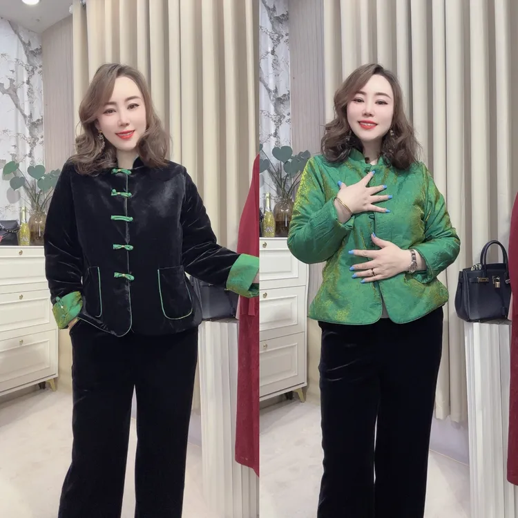 南希妈妈2558锦缎丝绒两面穿复古盘扣棉服