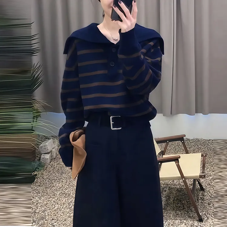 海军领撞色条纹毛衣外套女秋冬季新款慵懒风宽松百搭显瘦针织上衣