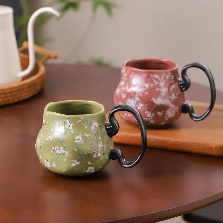 高级感花卉陶瓷马克杯水壶复古咖啡杯子大容量拿铁水杯伴手送礼品