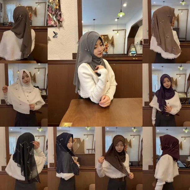 沐颜「丝晚」高质感异形手工钻拼接雪纺套头绕巾