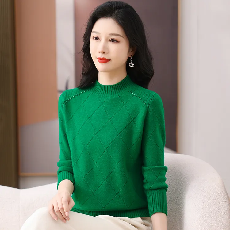 允山黛2025年圆领套头拼接方块女士保暖针织衫时尚加厚打底衫女装