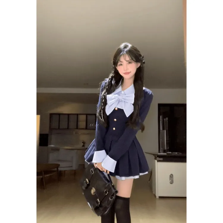 短裙秋季收腰显瘦学院风设计感拼接POLO领蝴蝶结连衣裙复古气质