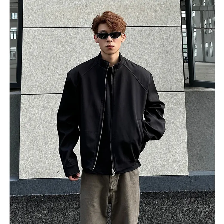 cleanfit黑色垫肩外套男秋季休闲短宽正肩立领夹克痞帅高级感男装