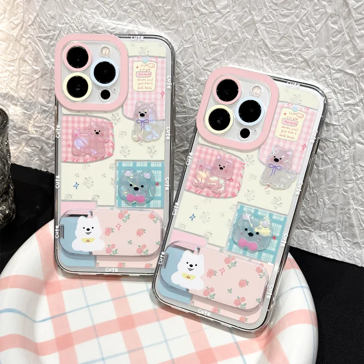 碎花小狗公仔适用苹果16/15pro支架手机壳华为p7oppo小米vivo可爱