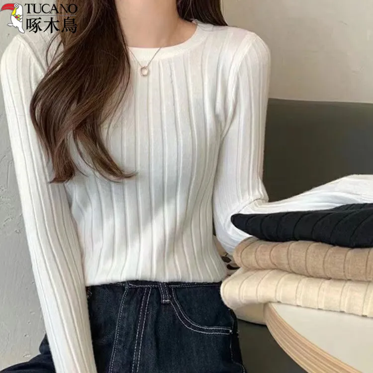 啄木鸟韩版针织衫上衣女款秋冬新款修身显瘦流光风百搭长袖打底衫