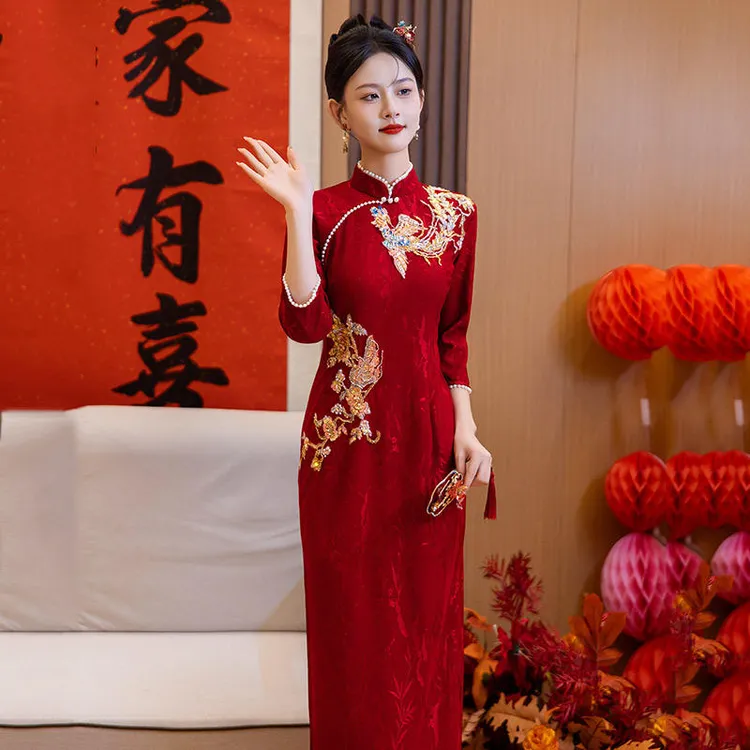 绣花红色改良旗袍新款女新中式复古婚礼订婚新娘敬酒服春秋装爆款