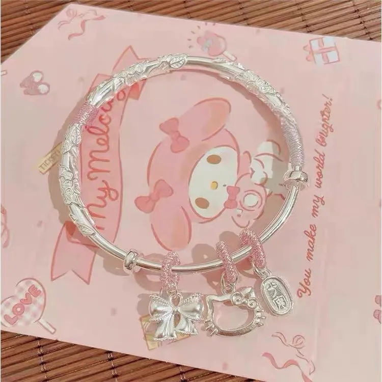 足银手镯 七夕情人节礼物繁花KT猫999银手镯女hello kitty送女友