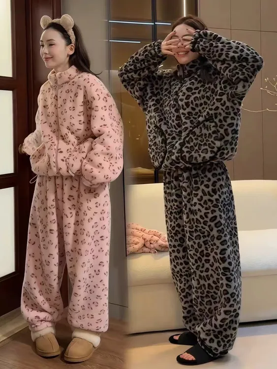 零下4度左右甜心豹纹2025冬季长袖甜美风睡衣女套装可外穿M039