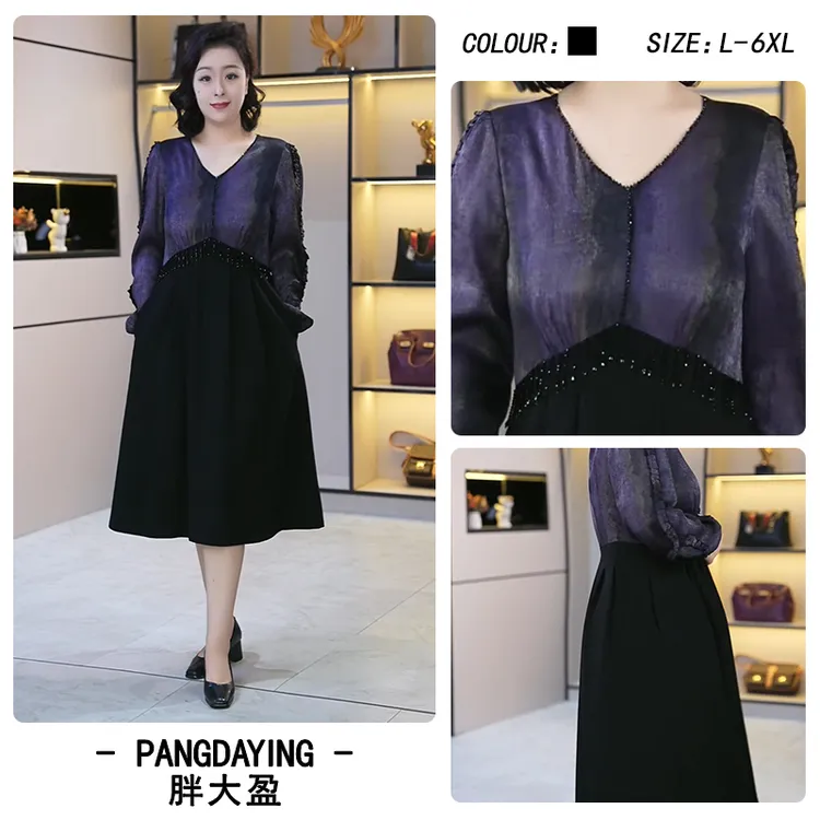 胖大盈大码女装时尚百搭2025新款拼接款显瘦遮肉百搭连衣裙250007