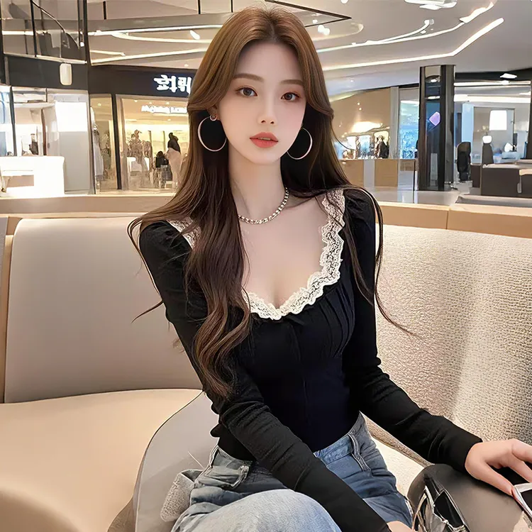 辣妹纯欲风网纱拼接长袖上衣女秋冬新款设计感修身内搭气质打底衫