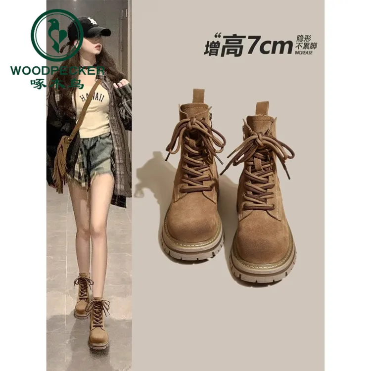 啄木鸟厚底棕色马丁靴女2025年秋季新款西部牛仔厚底工装短靴子女
